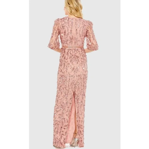 Mac Duggal 93790 Pink Rosewood Beaded Sequin Gown Puff Sleeve Formal Dress 16 - Picture 11 of 14